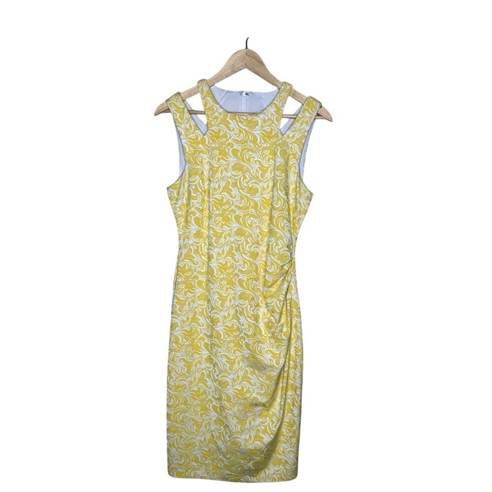 Vintage Caché Yellow Baroque Jacquard Sheath Dress Size 6 Y2K Cocktail